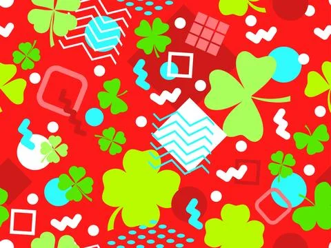 Geometric seamless pattern with clover in 80s style. Green four-leaf clover.. Stock Illustration