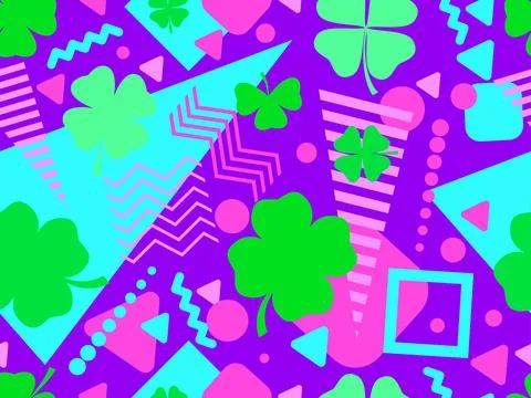 Geometric seamless pattern with clover in 80s style. Green four-leaf clover.. Stock Illustration