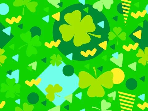 Geometric seamless pattern with clover in 80s style. Green four-leaf clover.. Stock Illustration
