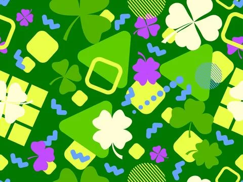Geometric seamless pattern with clover in 80s style. Green four-leaf clover.. Stock Illustration