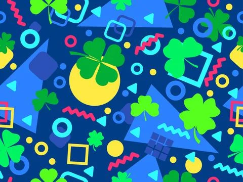 Geometric seamless pattern with clover in 80s style. Green four-leaf clover.. Stock Illustration