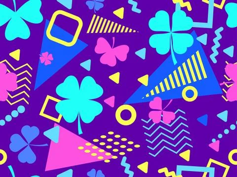 Geometric seamless pattern with clover in 80s style. Green four-leaf clover.. Stock Illustration