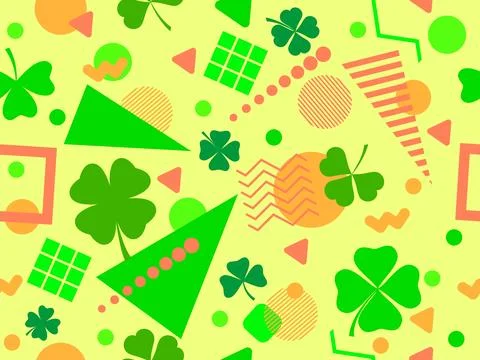Geometric seamless pattern with clover in 80s style. Green four-leaf clover.. Stock Illustration