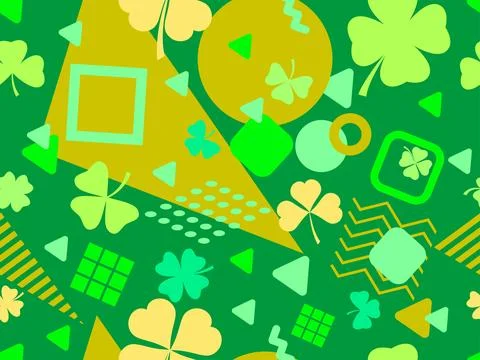 Geometric seamless pattern with clover in 80s style. Green four-leaf clover.. Stock Illustration