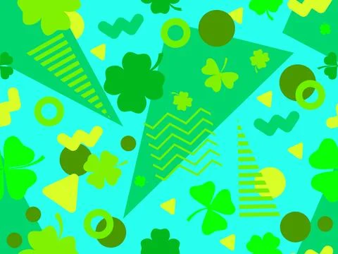 Geometric seamless pattern with clover in 80s style. Green four-leaf clover.. Stock Illustration