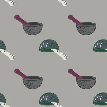 Geometric seamless pattern with colored mortar and pestle ornament. Stock Illustration