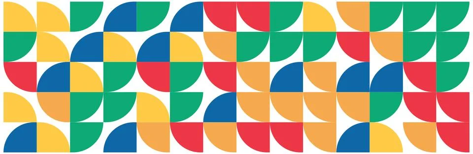 Geometric seamless pattern with colorful half circles and squares in red, yellow 스톡 일러스트