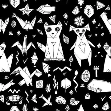 Geometric seamless pattern with Dog cat fox fish birds sea animals and plants Stock Illustration