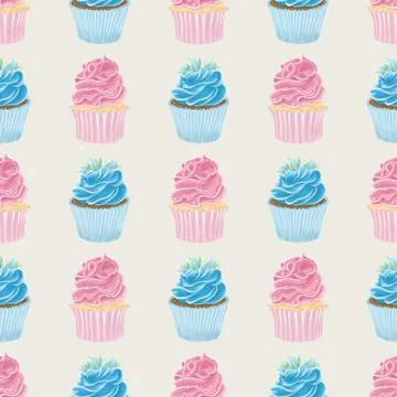 Geometric seamless pattern of evenly spaced blue and pink cupcakes on a sand  Stock Illustration