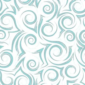 Geometric seamless pattern of flowing blue waves of spirals and curls on a white Stock Illustration