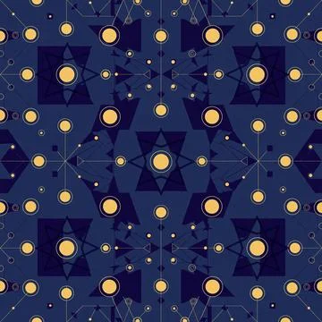 Geometric seamless pattern with golden circles and dark blue stars for mode.. Stock Illustration