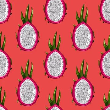 Geometric seamless pattern with half red dragon fruit on bright background. E Stock Illustration