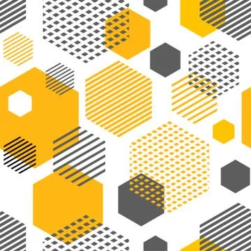 Geometric seamless pattern with hexagons, rhombuses, stripes and dots. Stock Illustration