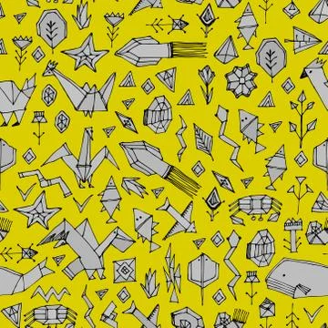 Geometric seamless pattern with Marine animals and plants, black contours dec Stock Illustration
