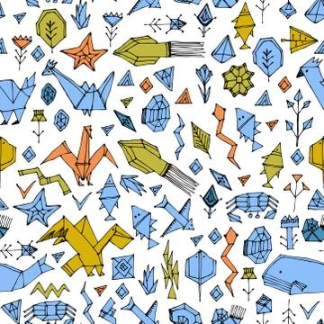 Geometric seamless pattern with Marine animals and plants, black contours dec Stock Illustration