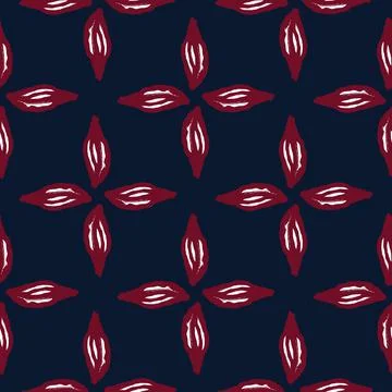Geometric seamless pattern with maroon leaves abstract ornament. Dark navy bl Stock Illustration