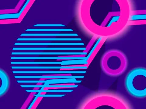 Geometric seamless pattern with memphis elements and neon glow 80s style. Cyb Stock Illustration