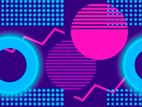 Geometric seamless pattern with memphis elements and neon glow 80s style. Cyb Stock Illustration