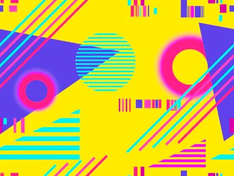 Geometric seamless pattern with memphis elements and neon glow 80s style. Cyb Stockillustratie