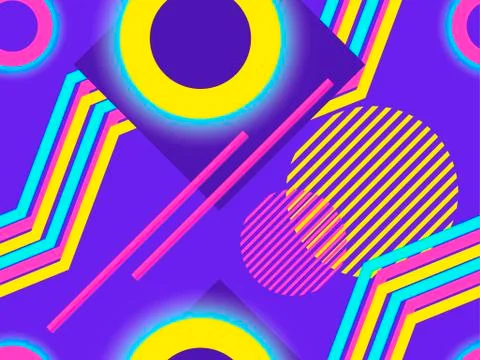 Geometric seamless pattern with memphis elements and neon glow 80s style. Cyb Stockillustratie