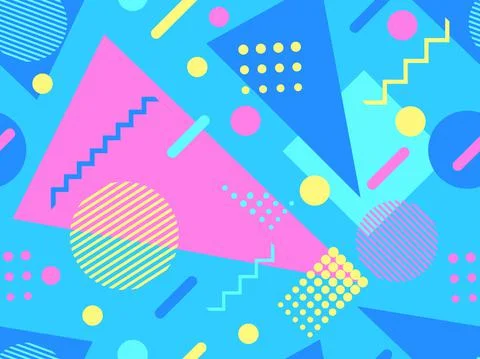 Geometric seamless pattern with memphis elements in 80s style. Colorful geome Stock Illustration
