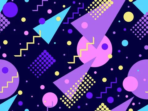 Geometric seamless pattern with memphis elements in 80s style. Colorful geome Stock Illustration