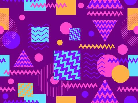 Geometric seamless pattern with memphis elements in 80s style. Colorful geome Stock Illustration