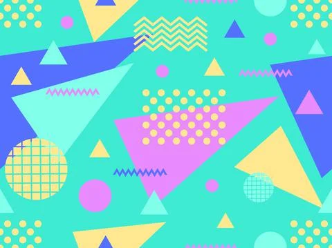 Geometric seamless pattern with memphis elements in 80s style. Colorful geome 스톡 일러스트