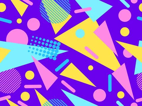 Geometric seamless pattern with memphis elements in 80s style. Colorful geome 스톡 일러스트
