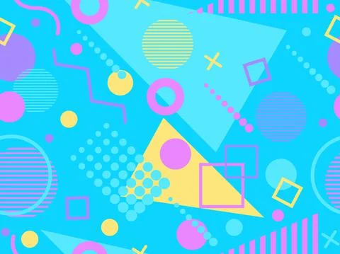 Geometric seamless pattern with memphis elements in 80s style. Colorful geome Stock-Illustration