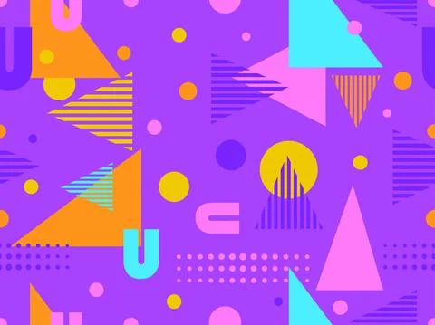 Geometric seamless pattern with memphis elements in 80s style. Colorful geome Stock Illustration