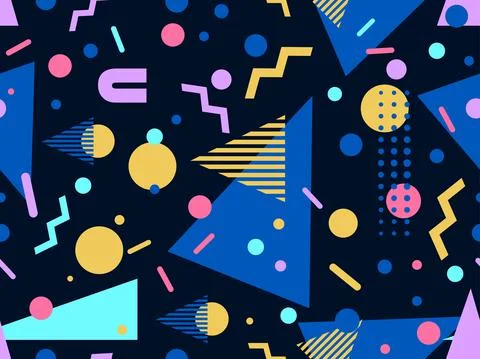 Geometric seamless pattern with memphis elements in 80s style. Colorful geome Stock Illustration