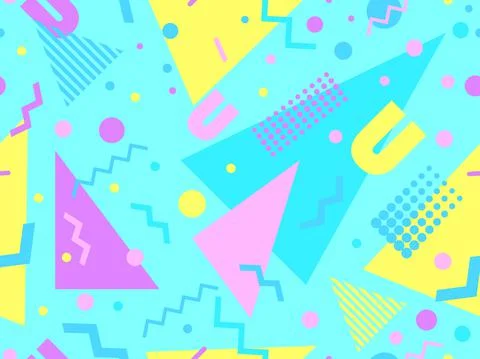 Geometric seamless pattern with memphis elements in 80s style. Colorful geome 库存插图