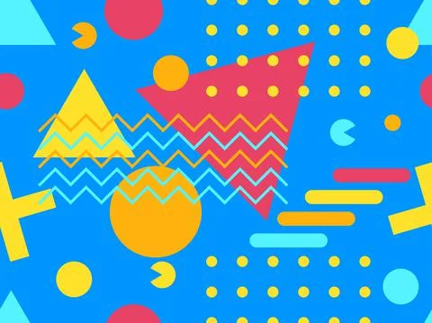 Geometric seamless pattern with memphis elements in 80s style. Colorful geome 스톡 일러스트