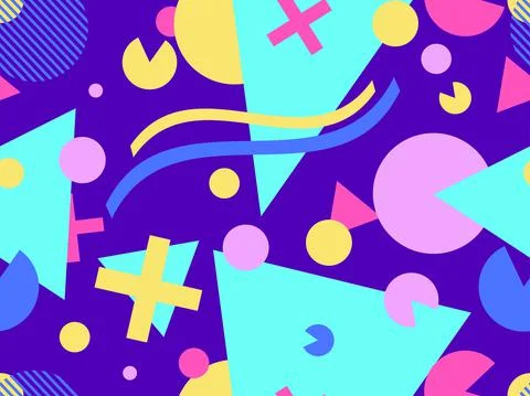 Geometric seamless pattern with memphis elements in 80s style. Colorful geome Stock Illustration