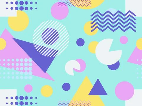 Geometric seamless pattern with memphis elements in 80s style. Colorful geome 스톡 일러스트