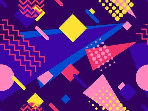 Geometric seamless pattern with memphis elements in 80s style. Colorful geome Stock-Illustration
