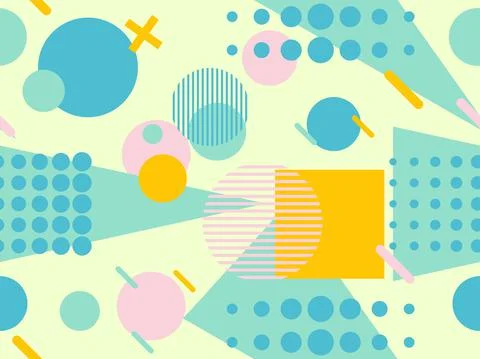 Geometric seamless pattern with memphis elements in 80s style. Colorful geome Illustrazione stock