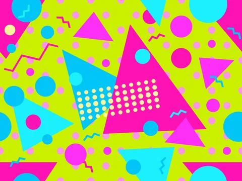Geometric seamless pattern with memphis elements in 80s style. Colorful dotte Stock Illustration