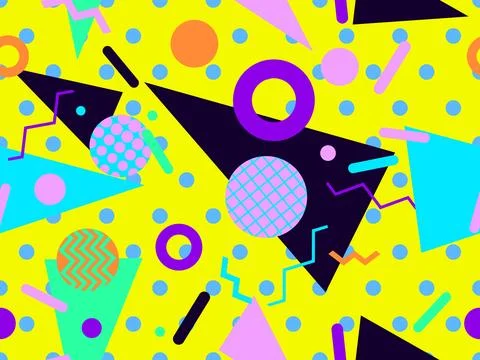 Geometric seamless pattern with memphis elements in 80s style. Colorful dotte Illustrazione stock