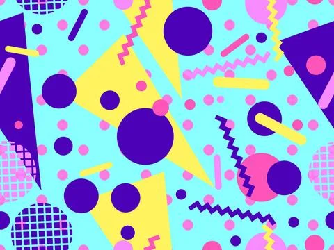 Geometric seamless pattern with memphis elements in 80s style. Colorful dotte 스톡 일러스트