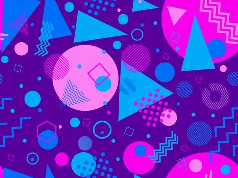 Geometric seamless pattern with memphis elements in 80s style. Colorful geome Stock Illustration