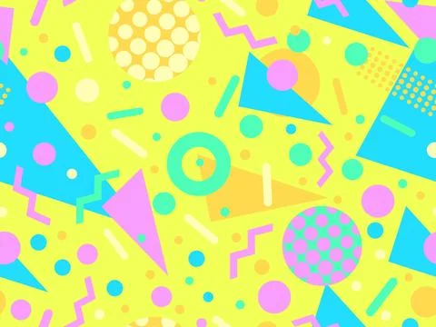 Geometric seamless pattern with memphis elements in 80s style. Colorful geome Stock Illustration