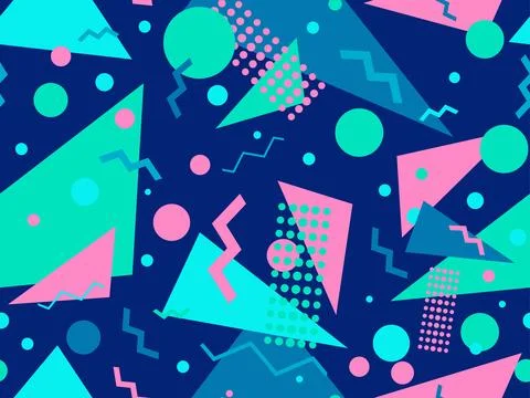 Geometric seamless pattern with memphis elements in 80s style. Colorful geome 스톡 일러스트