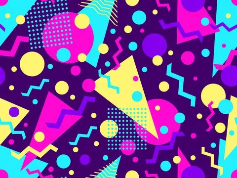 Geometric seamless pattern with memphis elements in 80s style. Colorful geome 스톡 일러스트