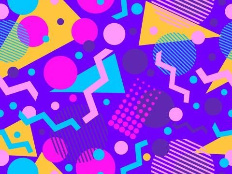 Geometric seamless pattern with memphis elements in 80s style. Colorful geome Stock-Illustration