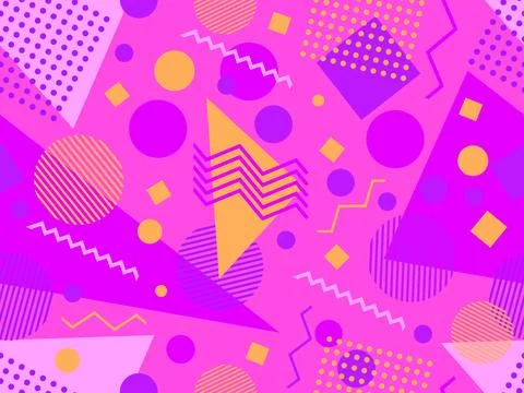 Geometric seamless pattern with memphis elements in 80s style. Colorful geo.. Illustrazione stock