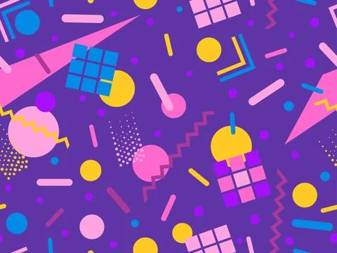 Geometric seamless pattern with memphis elements in 80s style. Colorful geo.. Illustrazione stock
