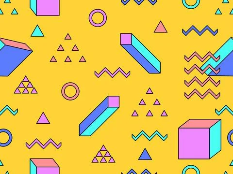 Geometric seamless pattern with memphis elements in 80s style. 3d geometric.. Stock Illustration