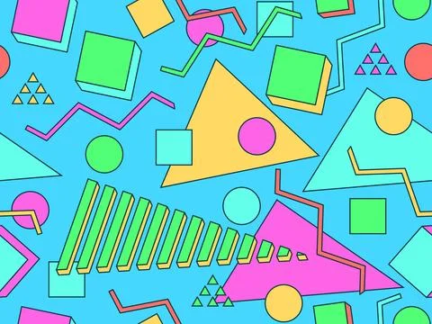 Geometric seamless pattern with memphis elements in 80s style. 3d geometric.. 스톡 일러스트